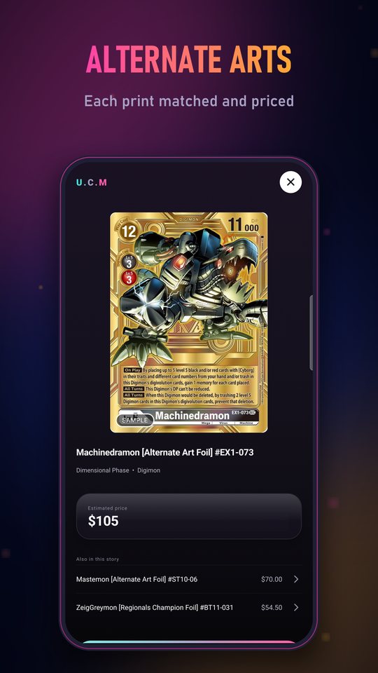 U.C.M showing a Digimon alternate art card with its estimated price