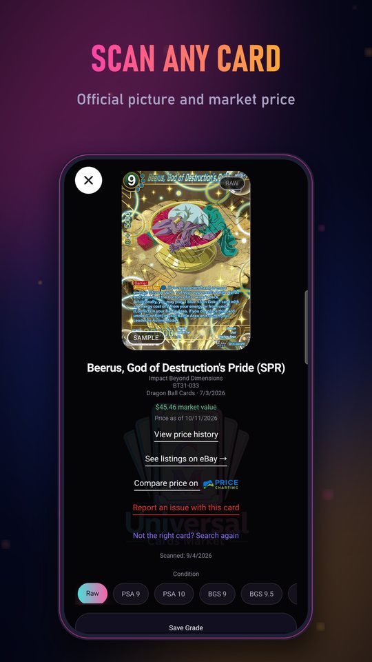 U.C.M showing a scanned Dragon Ball Super card with its market price and graded price options