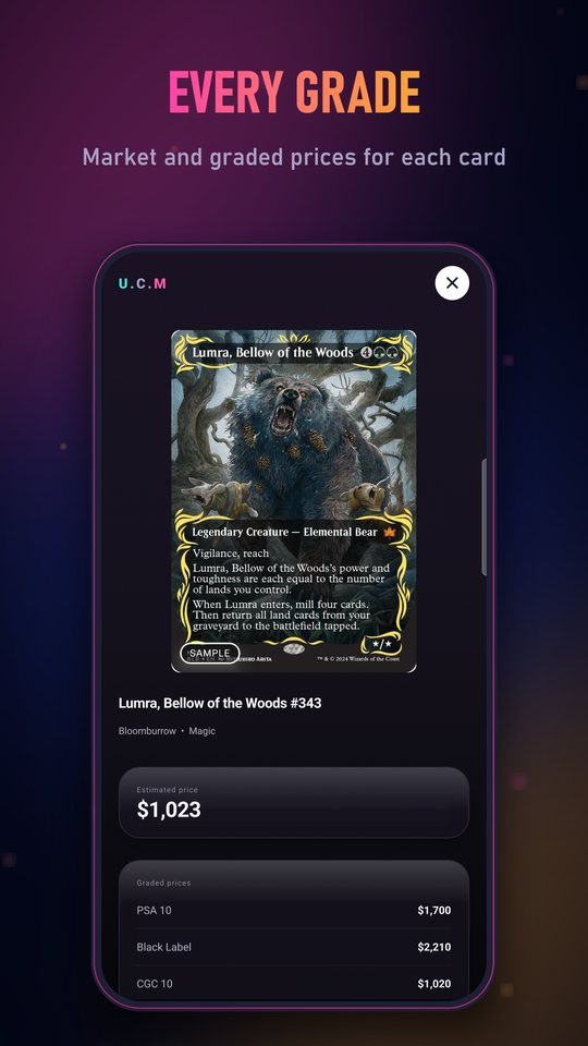 U.C.M showing a Magic: The Gathering card with its estimated price and graded prices