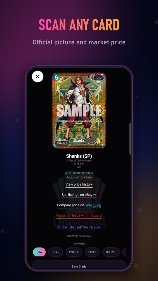 U.C.M showing a scanned Shanks SP One Piece card with its market price and graded price options