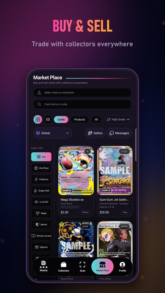 U.C.M Market Place showing Pokémon cards listed by collectors with their prices
