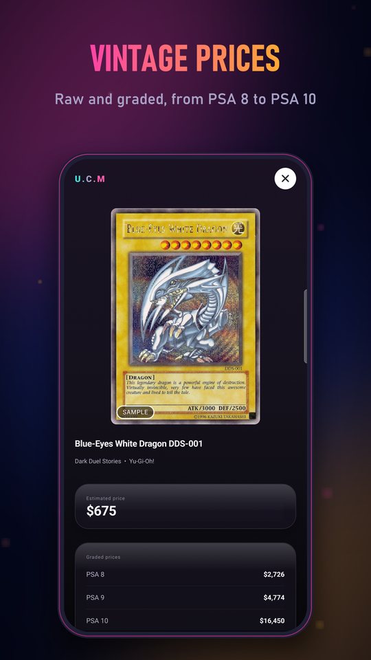 U.C.M showing Blue-Eyes White Dragon with its estimated price and PSA graded prices